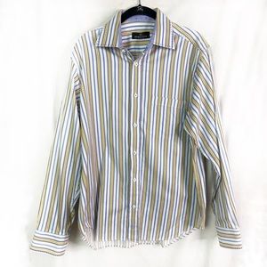 Bugatchi Uomo Blue Yellow Striped Long Sleeve Button Up Shirt Med